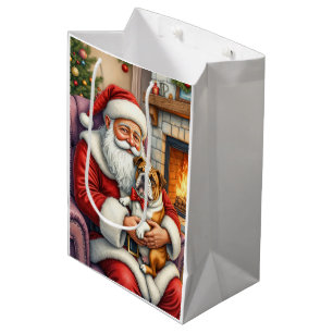 Santa Claus Holding Bulldog Christmas Art Medium Gift Bag