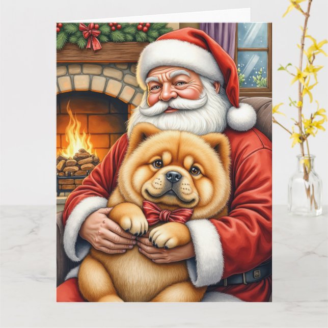 Santa Claus Holding Chow Chow Christmas Art Card (Yellow Flower)