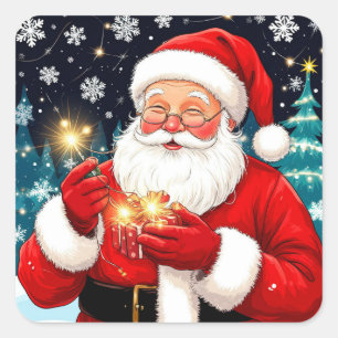 Santa Claus Holding Christmas Gift In Snowy Night Square Sticker
