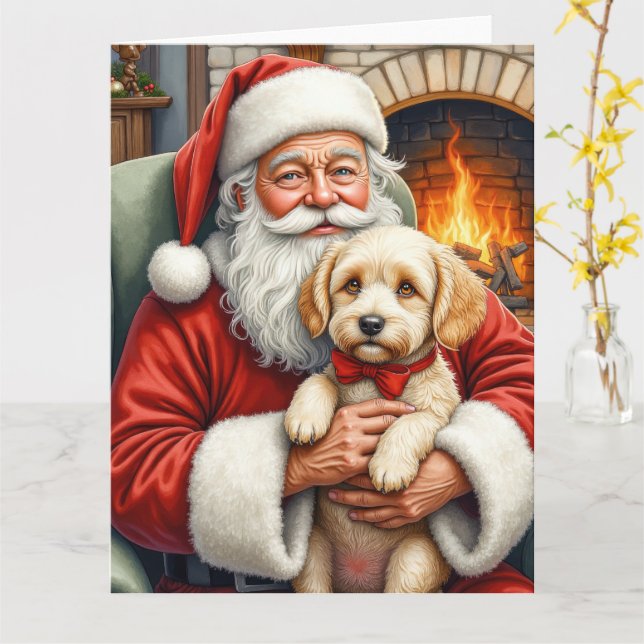 Santa Claus Holding Cockapoo Christmas Art Card (Yellow Flower)