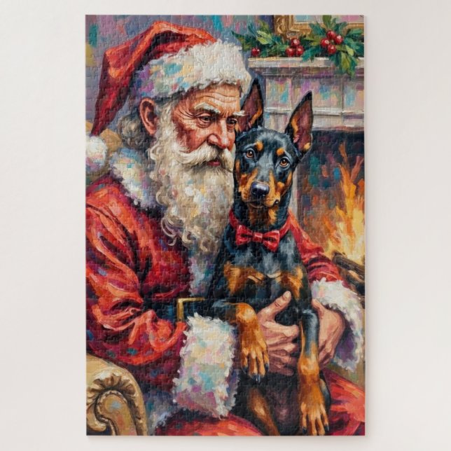Santa Claus Holding Doberman Christmas Art Jigsaw Puzzle (Vertical)