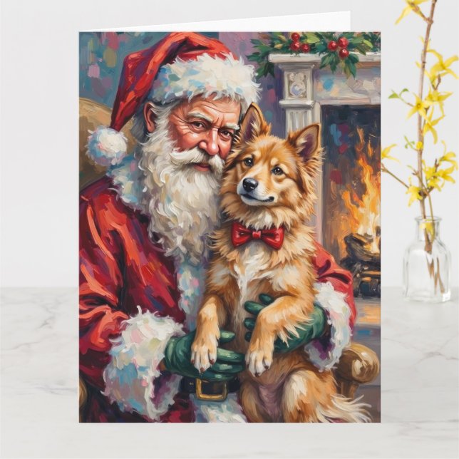 Santa Claus Holding Finnish Lapphund Christmas Art Card (Yellow Flower)