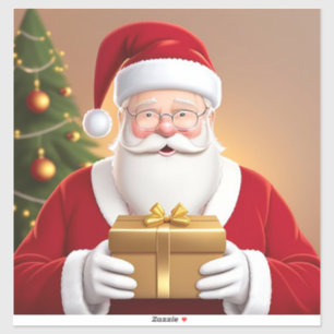 Santa Claus Holding Gift Box by the Christmas Tree