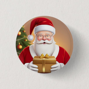 Santa Claus Holding Gift Box by the Christmas Tree 3 Cm Round Badge
