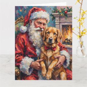 Santa Claus Holding Golden Retriever Christmas Art Card