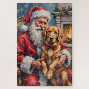 Santa Claus Holding Golden Retriever Christmas Art Jigsaw Puzzle