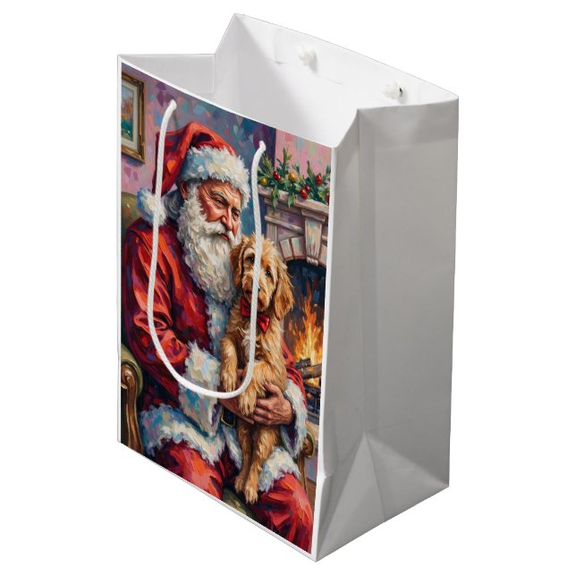 Santa Claus Holding Goldendoodle Christmas Art Medium Gift Bag (Front Angled)