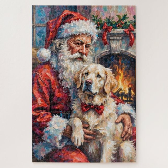 Santa Claus Holding Great Pyrenees Christmas Art Jigsaw Puzzle (Vertical)