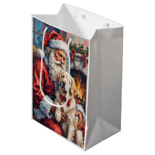 Santa Claus Holding Great Pyrenees Christmas Art Medium Gift Bag