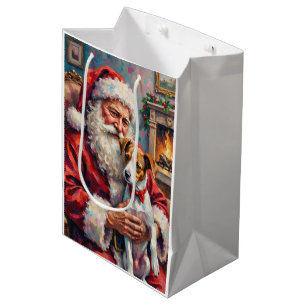Santa Claus Holding Jack Russell Christmas Art Medium Gift Bag