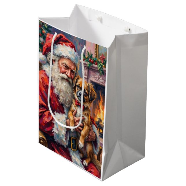 Santa Claus Holding Japanese Chin Christmas Art Medium Gift Bag (Front Angled)