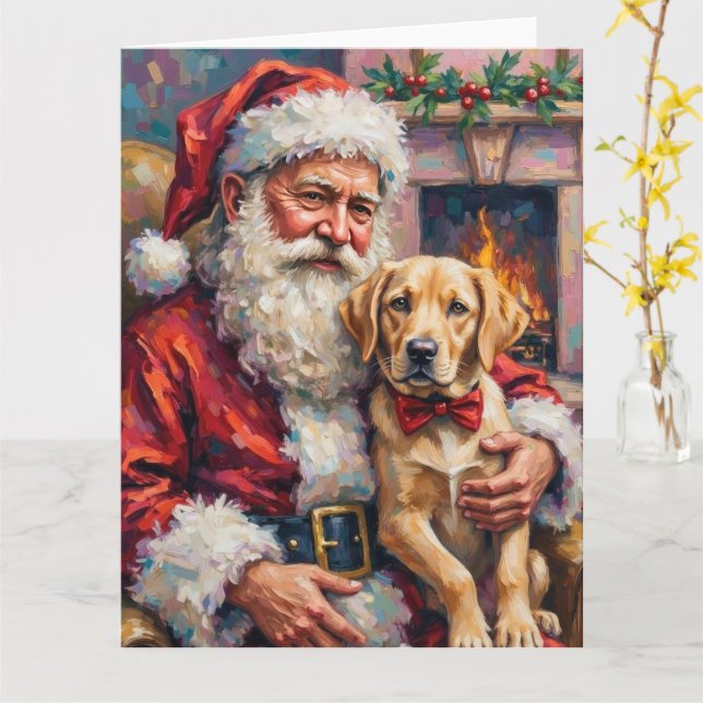 Santa Claus Holding Labrador Christmas Art Card (Yellow Flower)