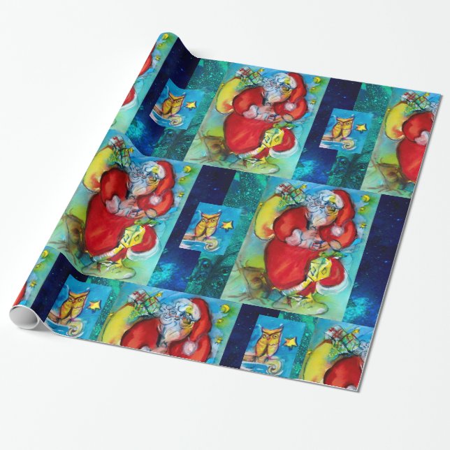 SANTA CLAUS HOLDING LANTERN ,CHRISTMAS NIGHT OWLS WRAPPING PAPER (Unrolled)