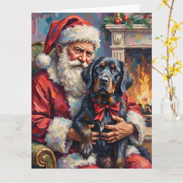 Santa Claus Holding Newfoundland Christmas Art Card (Yellow Flower)