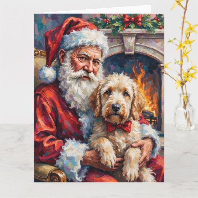 Santa Claus Holding Old English Sheepdog Christmas Card (Yellow Flower)