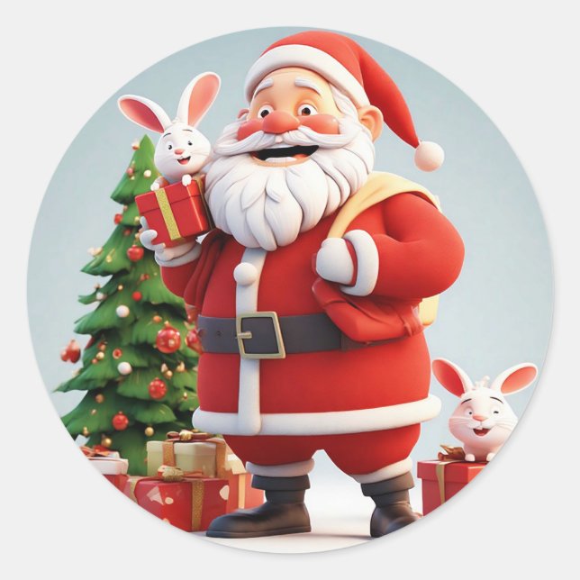 Santa Claus Holding Present with Rabbits Classic Round Sticker (Front)