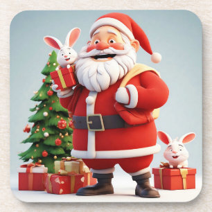 Santa Claus Holding Present with Rabbits Coaster