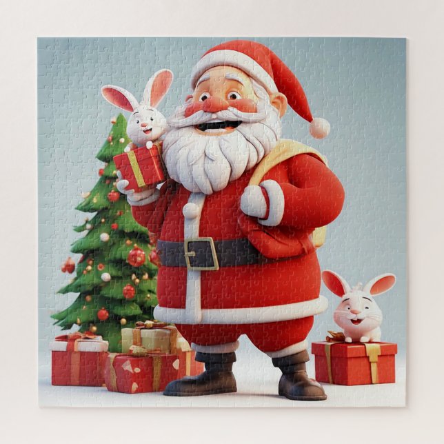 Santa Claus Holding Present with Rabbits Jigsaw Puzzle (Vertical)