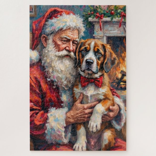 Santa Claus Holding Saint Bernard Christmas Art Jigsaw Puzzle (Vertical)