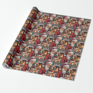 Santa Claus Holding Saint Bernard Christmas Art Wrapping Paper