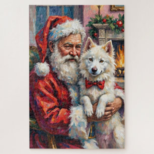 Santa Claus Holding Samoyed Christmas Art Jigsaw Puzzle