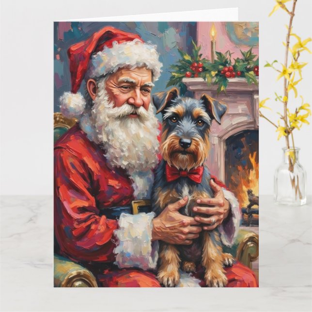 Santa Claus Holding Schnauzer Christmas Art Card (Yellow Flower)