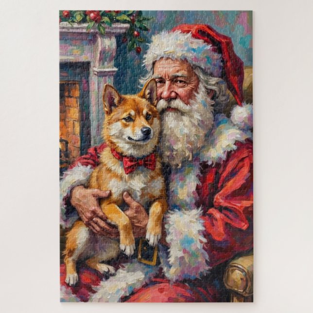 Santa Claus Holding Shiba Inu Christmas Art Jigsaw Puzzle (Vertical)
