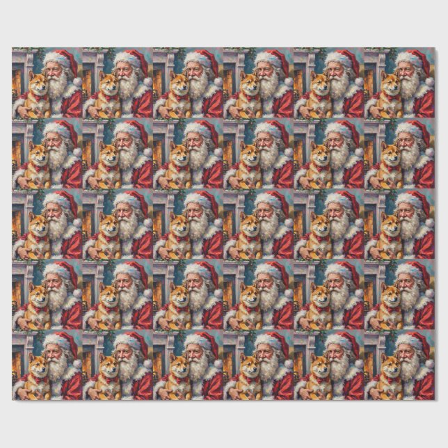 Santa Claus Holding Shiba Inu Christmas Art Wrapping Paper (Flat)
