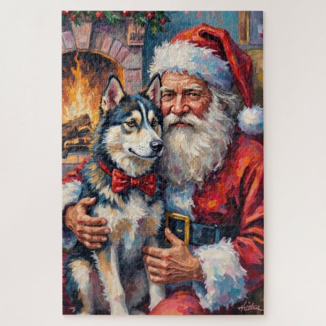 Santa Claus Holding Siberian Husky Christmas Art Jigsaw Puzzle (Vertical)