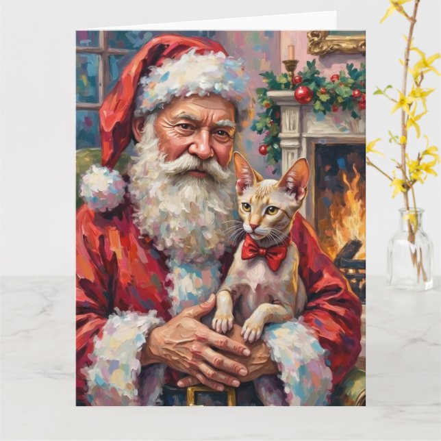 Santa Claus Holding Sphynx Cat Christmas Art Card (Yellow Flower)