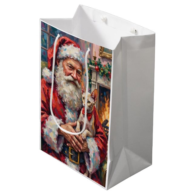 Santa Claus Holding Sphynx Cat Christmas Art Medium Gift Bag (Front Angled)