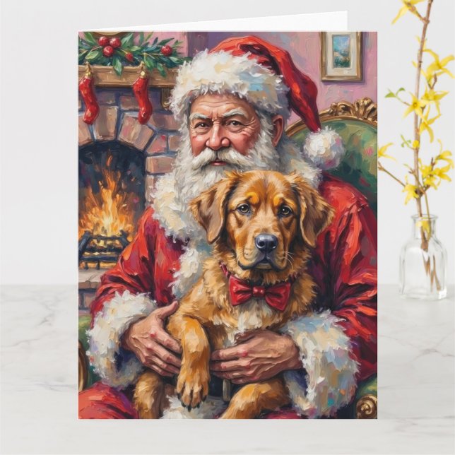 Santa Claus Holding Tibetan Mastiff Christmas Art Card (Yellow Flower)