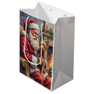 Santa Claus Holding Yorkshire Terrier Christmas  Medium Gift Bag