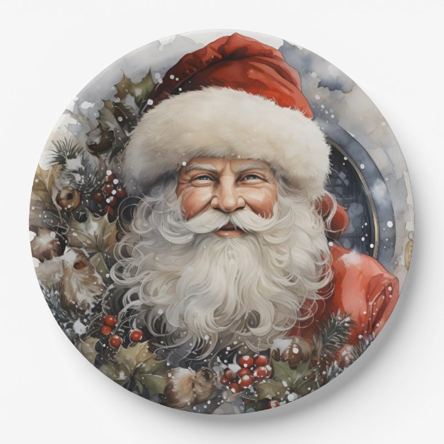 Santa Claus Holiday Christmas Paper Plates (Front)