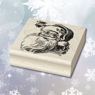 Santa Claus Holly Christmas Large Square Rubber Stamp