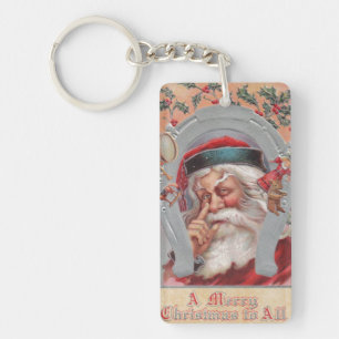 Santa Claus Horseshoe Framed Vintage Keychain