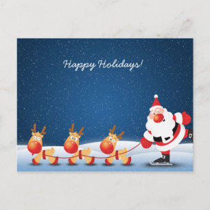 Santa Claus ice skating with his reindeers Holiday Postcard