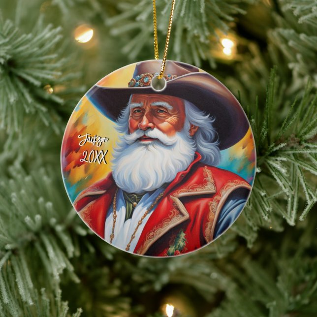  Santa Claus in a Cowboy Hat Christmas Ceramic Tree Decoration (Tree)