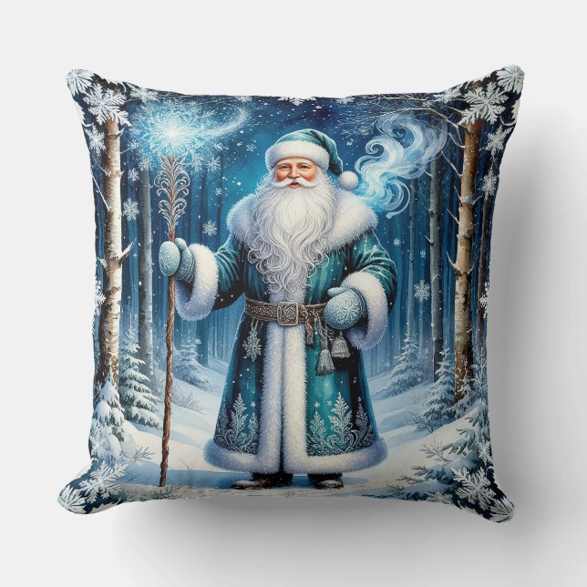 Santa Claus in a Magical Snowy Forest Cushion (Front)