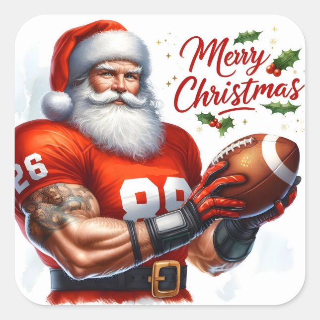 Santa Claus in a Sports Jersey Holding a Football Square Sticker (Front)