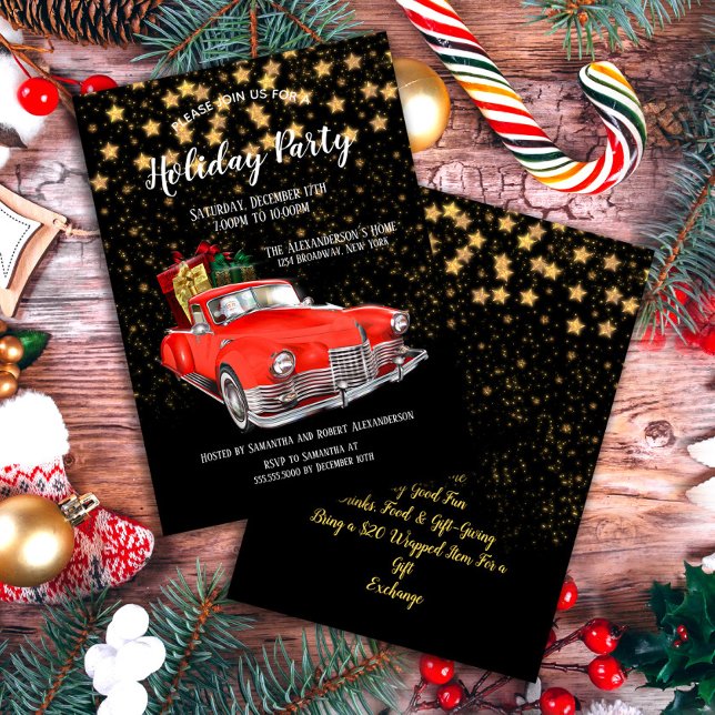 Santa Claus in a Vintage Red Retro Car Christmas Invitation (Creator Uploaded)
