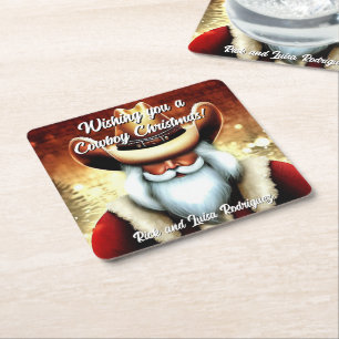 Santa Claus in a Western Hat Christmas Square Paper Coaster