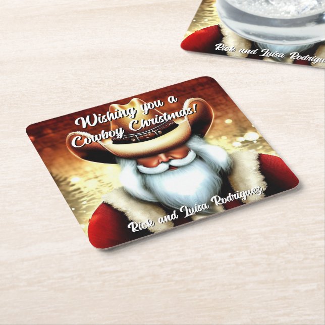 Santa Claus in a Western Hat Christmas Square Paper Coaster (Angled)