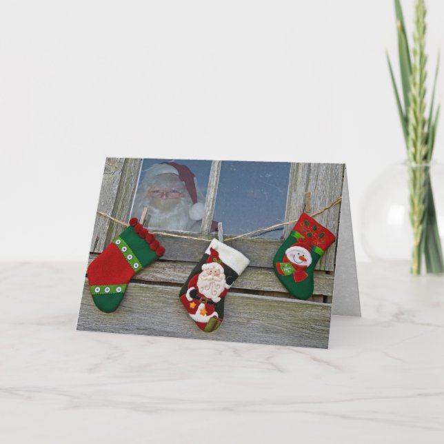 Santa Claus in barn window Holiday Card (Front)