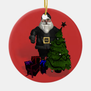 Santa Claus In Black Leather Ceramic Tree Decoration
