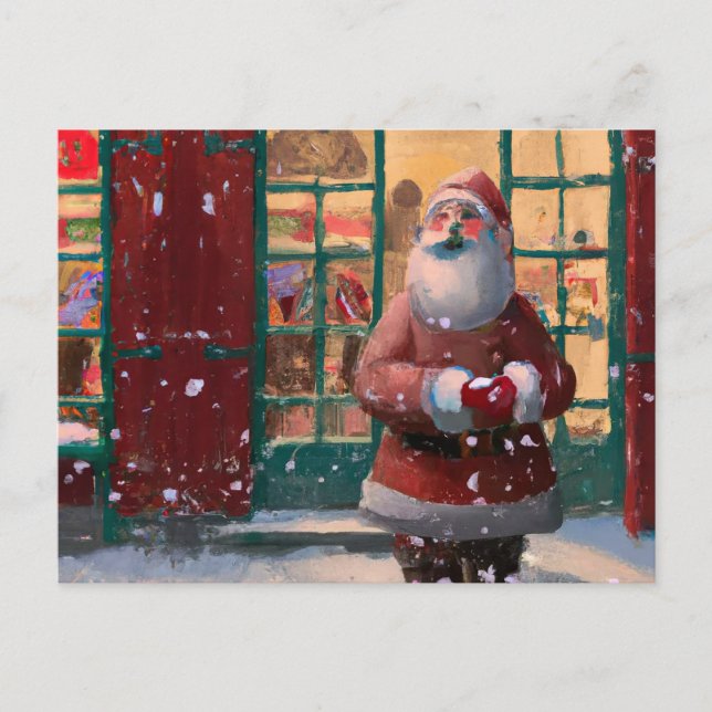 Santa Claus in Front of Toy Shop AI Art Postcard (Front)