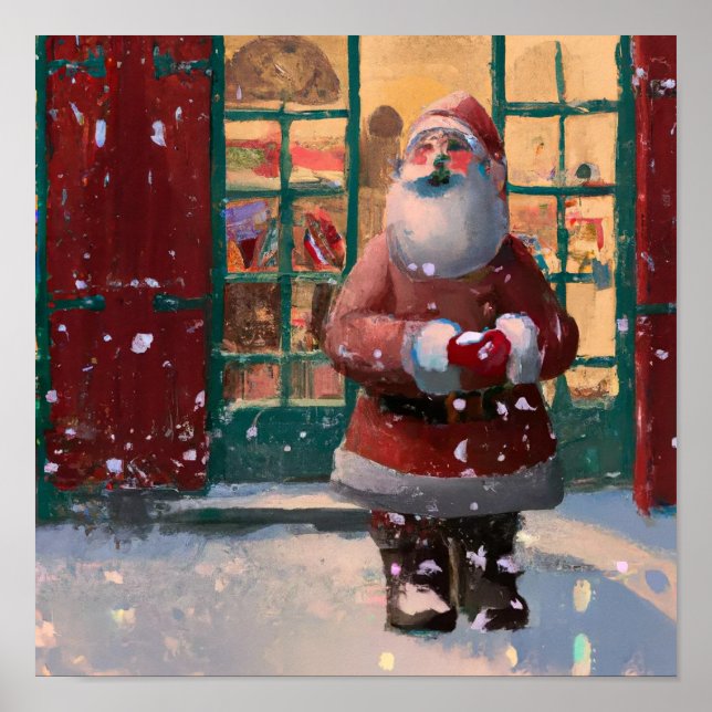 Santa Claus in Front of Toy Shop AI Art Poster (Front)