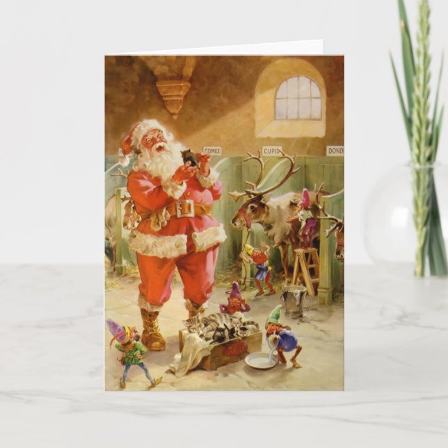 Santa Claus in his North Pole Reindeer Stables Holiday Card (Front)