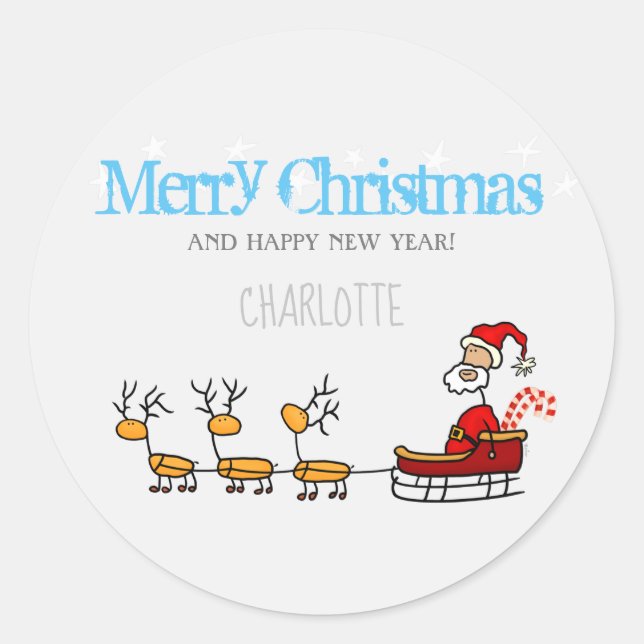 Santa Claus in his Sled with Reindeers Classic Rou Round Sticker (Front)