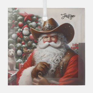 Santa Claus in Leather Cowboy Hat Christmas Glass Tree Decoration